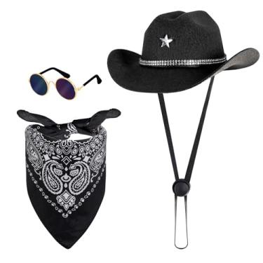 Imagem de Haakong 3 bandanas de chapéu de cowboy para animais de estimação com óculos de sol para gatos e cães para festa de Halloween Natal e cosplay (preto)