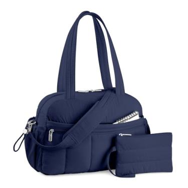 Imagem de TOPDesign Bolsa esportiva de viagem para mulheres, bolsa de ginástica acolchoada com bolso molhado, para viagem de fim de semana com manga de bagagem, Azul marinho, Large, Casual