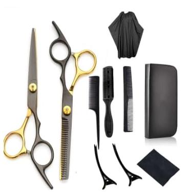 Imagem de Kit Barbeiro, Kit 11 Tesoura Fio A Laser, Desbastadora de Cabelereiro para Cortar Cabelo, Adequado para Iniciantes(Preto-Dourado)