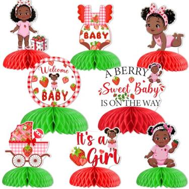 Imagem de kreat4joy Decoração de chá de bebê de morango, 8 peças, uma baga doce bebê está a caminho decoração mesa favo de mel peça central impressão frente e verso para meninas negras, baga, doce, material