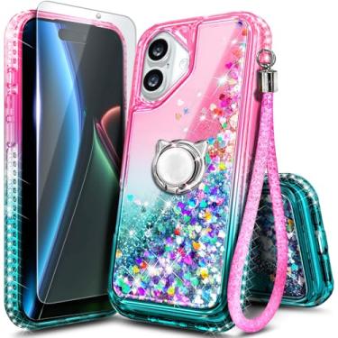 Imagem de Capa NGB projetada para iPhone 17, rosa/aqua | Capa de telefone fofa com glitter líquido brilhante para mulheres e crianças | com protetor de tela de vidro temperado, suporte de anel e cordão de pulso