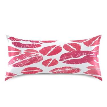 Imagem de Qilmy Fronha de cetim batom vermelho tamanho king size 50 x 101 cm, capa de almofada de seda refrescante para cabelo e pele, fronha respirável macia com fecho de envelope