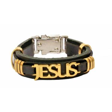 Imagem de Pulseira De Couro Jesus Verniz Gospel Regulável