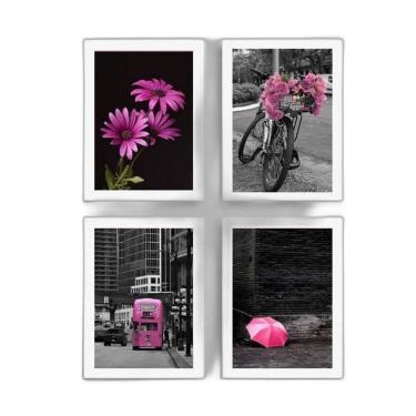 Imagem de Kit 4 Quadros Fotografias Rosas 45X34Cm Com Vidro Branca