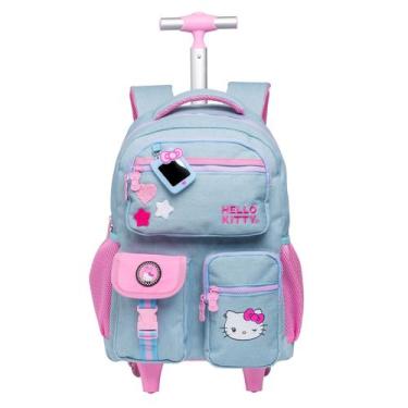 Imagem de Mochila Rodinhas Hello Kitty Jeans Juvenil Meninas Escolar Cor:Azul - 