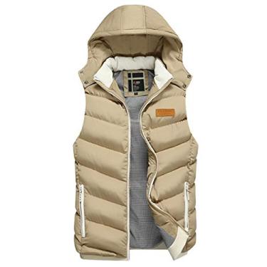 Imagem de Bestgift masculino removível capuz zíper grosso quente baiacu colete m cáqui