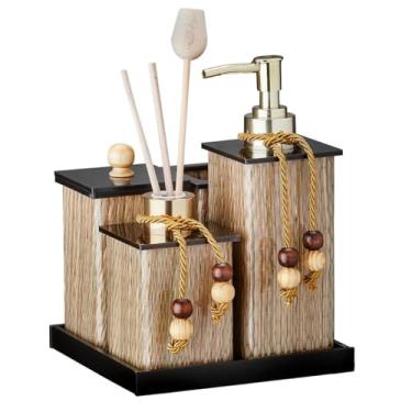 Imagem de Kit Lavabo/Jogo Banheiro Em Acrílico Palha/Madeira Com 05 Itens - Saboneteira Potes Difusor Bandeja - Acribom