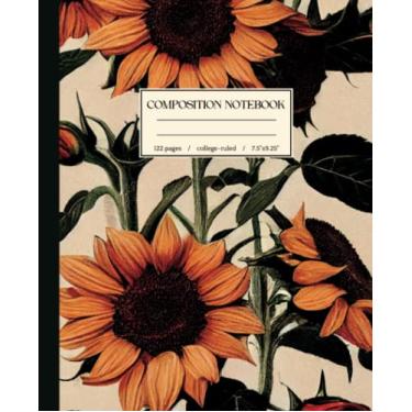 Imagem de Caderno de composição pautado na faculdade: ilustração botânica vintage de girassol | Diário de estética floral para meninas, adolescentes, mulheres | Presente para entusiastas de arte e jardineiros