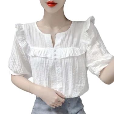 Imagem de Blusa feminina casual de verão de cor sólida e manga curta solta pulôver feminino, Branco, PP