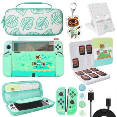 Imagem de TIKOdirect Estojo de transporte compatível com controles Joy-con OLED Nintendo Switch, atualizado com 4 tampas fofas de aperto de polegar e 2 protetores de tela, capa de toque antiarranhões, animal crossing
