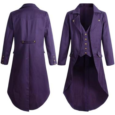 Imagem de Men's Vintage Renaissance Tailcoat Jacket Palace Gothic Victorian Lapel Collar Long Coat Pirate Halloween Prom Costume Uniform Purple XL