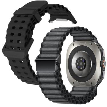 Imagem de LDFAS Para Galaxy Watch Ultra, pulseira de silicone + tecido Trail de nylon para relógio com metal preto compatível com Samsung Galaxy Watch 7 Ultra Band de 47 mm, preto + cinza escuro