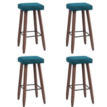 Imagem de Kit 4 Banquetas Altas Quadradas Pés Madeira Paris - JOTABE, azul turqu