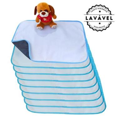 Imagem de Kit com 9 Fraldas de Câes p/Chão 70x50 Branco com borda Azul 200 Lavag
