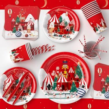 Imagem de LLdousahy Conjunto de pratos descartáveis, 129 peças (16 pessoas), conjunto de utensílios de mesa natalinos, pratos, guardanapos, copos, facas, garfos, colheres, canudos, toalha de mesa