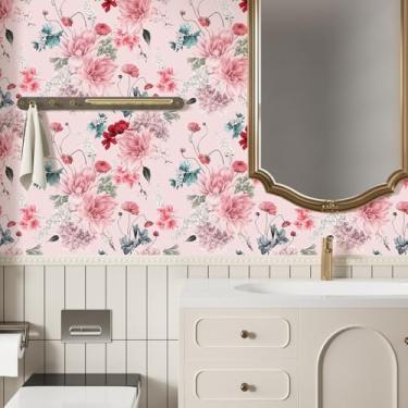 Imagem de VaryStyle Papel de parede floral rosa doce de 45 cm x 299 cm, papel de parede floral em aquarela, papel de contato rosa para armários e paredes, papel de parede removível de flores de vinil para