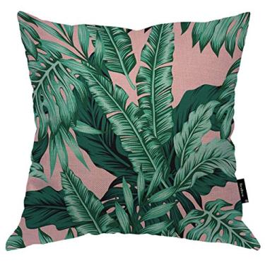 Imagem de Beabes Capa de almofada verde tropical folha de palmeira exótica floresta floresta selva praia banana floral rosa capa de almofada quente linho de algodão para escritório em casa sofá cadeira quarto