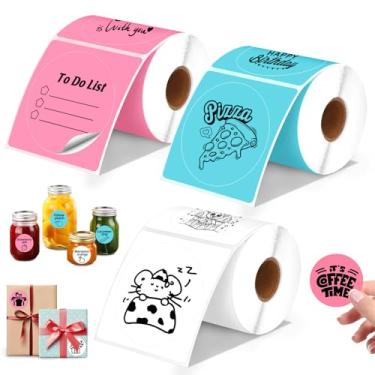 Imagem de HUIJUTCHEN 3 rolos de etiquetas térmicas - 50 mm branco/rosa/azul adesivos de etiqueta redonda para Phomemo M110
