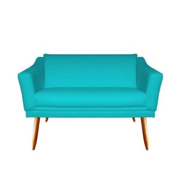 Imagem de Namoradeira Decorativa Agatha Suede Azul Turquesa 2 Lugares Pés Madeir