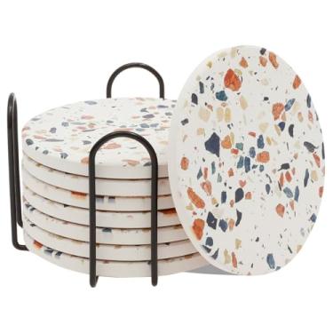 Imagem de 8 peças de porta-copos de cerâmica com suporte de metal, base de cortiça de pedra absorvente estilo mármore de madeira, proteção de mesa, decoração de casa para casa, cozinha, mesa de escritório