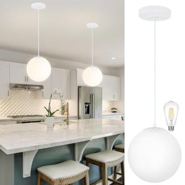 Imagem de KoKo&Yukina Luminária pendente de 25,4 cm globo branco luzes pendentes cozinha ilha meados do século luminária ajustável globo cluster luzes com sombra de vidro branco leitoso para sala de jantar