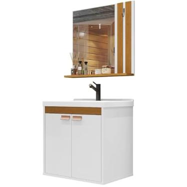 Imagem de Armário de banheiro: corpo do armário em MDF, incluindo lavatório e espelho, estilo moderno (BRANCO MADEIRA)