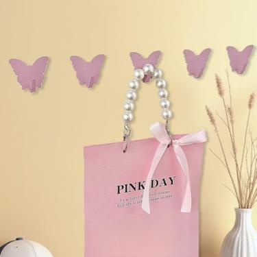 Imagem de 5 ganchos adesivos em forma de coração – sem broca W5 peças ganchos decorativos de borboleta – suporte adesivo de aço inoxidável para casa, cozinha, banheiro (rosa)