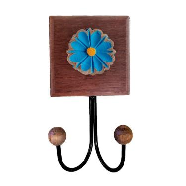 Imagem de Toalheiro Cabideiro Duplo Flor 3d Rústico Artesanal Ferro Cor Azul