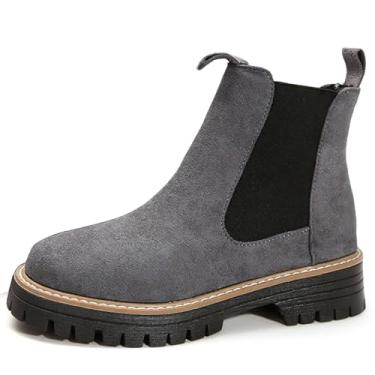 Imagem de BANGTEUO Botas Chelsea grossas femininas de camurça, confortável, plataforma elástica, sem cadarço, salto baixo para todas as estações, trabalho, botas de cano curto estilo clássico, Cinza, 36