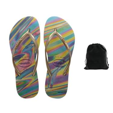 Imagem de Havaianas Chinelo feminino fino iridescente - Sandálias elegantes, confortáveis e duráveis com acabamento metálico, perfeitas para praia, casual e uso diário, inclui bolsa de veludo, 9-10,