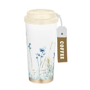 Imagem de SEHANY Caneca de viagem colorida de ervas silvestres de 500 ml Copos de café reutilizáveis revestidos de cerâmica com tampa à prova de vazamento, parede dupla, isolamento a vácuo, copo de café de aço