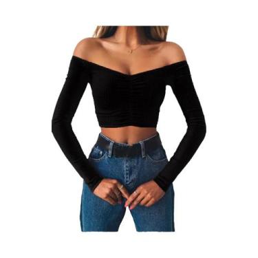 Imagem de Camiseta Feminina De Manga Longa Com Ombros Descidos Em Cor Sólida Mod