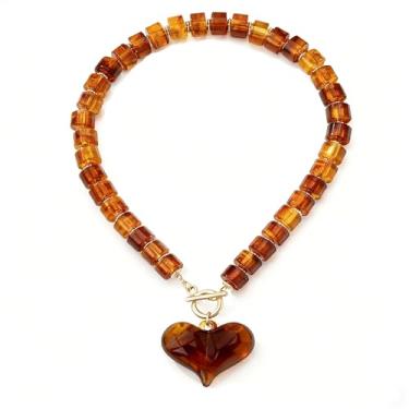 Imagem de NOVYRA Colar feminino com pingente de coração bufante de resina marrom exagerado âmbar acrílico frisado coração grosso OT fivela colar gargantilha acessórios de moda para mulheres, adjustable, Metal