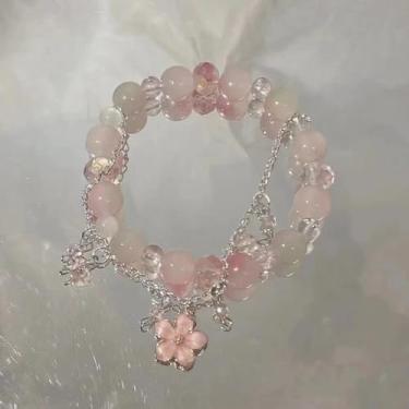 Imagem de Pulseiras de contas de flores de cristal para mulheres, pulseira elástica com contas de pedras preciosas com flor de pêssego para joias femininas