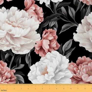 Imagem de Erosebridal Tecido de flor rosa e branco por jarda, elegante tecido de estofamento de peônia para cadeiras de sofá, pintura a óleo, decoração interna e externa, decoração de jardim de vida selvagem, 1
