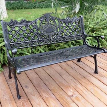 Imagem de Bancos de jardim de metal para atividades ao ar livre com encostos e apoios de braço, bancos externos à prova de intempéries com furos de fixação ao solo, várias cores disponíveis (preto)