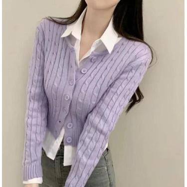 Imagem de Cardigã Feminino De Tricô Canelado Curto Com Botões E Manga Longa, Est