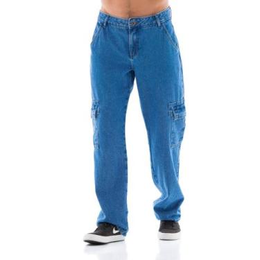Imagem de Calça Jeans Masculina Arauto Cargo Reta, Azul, 42