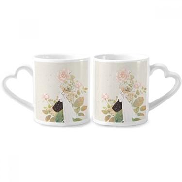 Imagem de Conjunto de canecas de porcelana para casal, ilustrador de estilo clássico chinês, flor e coração