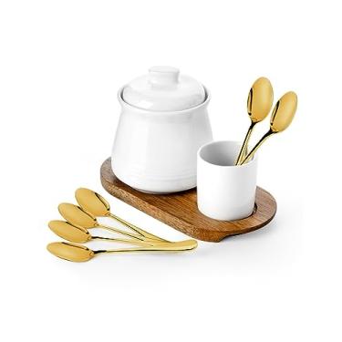 Imagem de Nucookery Açucareiro de porcelana com tampa e colheres, recipiente grande de açúcar de 400 ml para barra de café, conjunto de tigela de açúcar deluxe com colheres de aço inoxidável (branco, colher dourada)