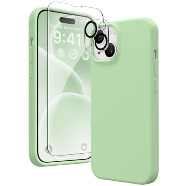 Imagem de GONEZ Capa de silicone líquido compatível com iPhone 15, capa de silicone líquido com [3 protetores de tela + 3 projetores de lente de câmera], forro de microfibra macio antiarranhões à prova de choque capa fina para telefone de 6,1 polegadas, verde