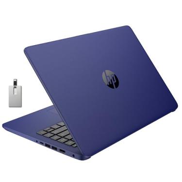 Imagem de HP Notebook HD BrightView 2022 Stream de 14 polegadas, processador Intel Celeron N4120, 4GB RAM, SSD de 64 GB, Intel HD Graphics, webcam 720p, 1 ano Office 365, azul, Win 11 S, cartão USB Snowbell de 32 GB