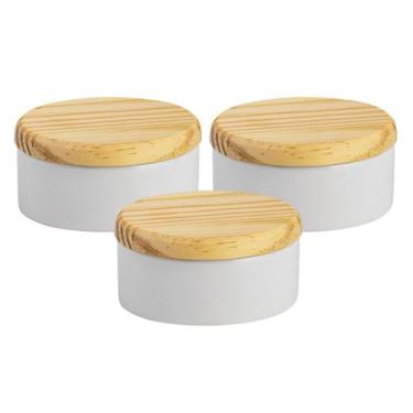 Imagem de Kit 3 porta joia porcelana tampa madeira potinho louça 8,5cm - Loja Bo