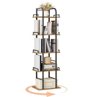Imagem de YATINEY Estante giratória de 5 camadas, estante de canto independente, torre giratória 360, organizador de estilo industrial alto, estante de armazenamento para sala de estar, estudo, marrom rústico