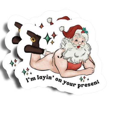 Imagem de Adesivos I'm Layin' On Your Present - 12,7 cm On Longest Side - Naked Santa Funny Butt Christmas - Pacote com 2 - Adesivo alto - Adesivos de para-choque para carros, caminhões, SUV - Feito nos EUA -