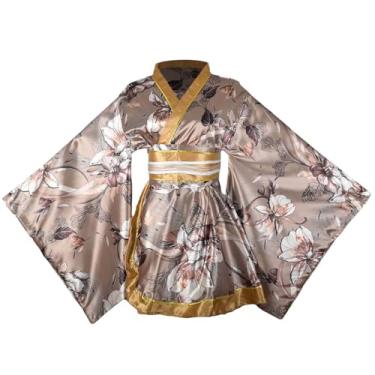 Imagem de Quimono feminino curto sexy fantasia adulta estampa de gueixa japonesa vestido de festa de Halloween vestido chique com cinto (91# marrom)