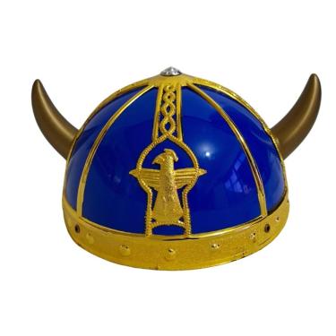 Imagem de Capacete Viking Chifre Curto Gaulês Azul E Dourado