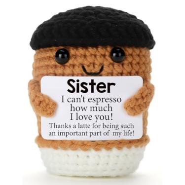 Imagem de Hweijm Mini Funny Coffee Sister Birthday Gifts from Sister, Graduation Soul Sister Friend Gifts for Women Girls Presents, Handmade Crochet Coffee Inspirational Cheer up Emotional Gift Desk Decor