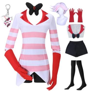 Imagem de Conjunto de Cosplay Angel Dust Listrado Rosa com Peruca e Chaveiro Hazbin Anime Hotel Angel Dust Fantasia de Halloween (Terno + Peruca, X-Small)