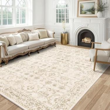 Imagem de Tapete lavável bege 12 x 18 cm para sala de estar, vintage boho grande para quarto, sala de jantar, escritório, tapete com estampa floral envelhecida para debaixo da mesa, tapete macio antiderrapante